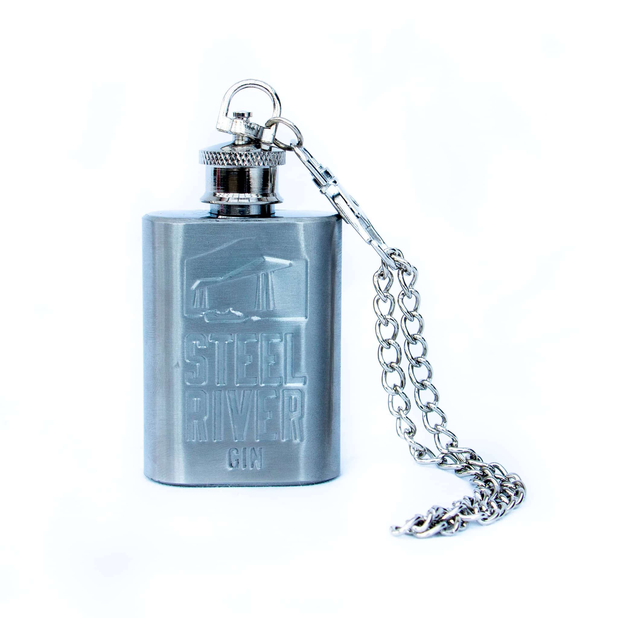 Silver Steel River Gin Flask, decorated with Steel River bottle logo design on front.