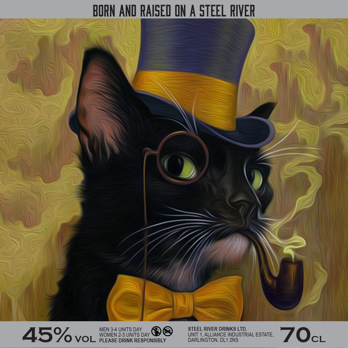 Illustration of a Black Cat in a top hat, monocle and bow tie, smoking a pipe